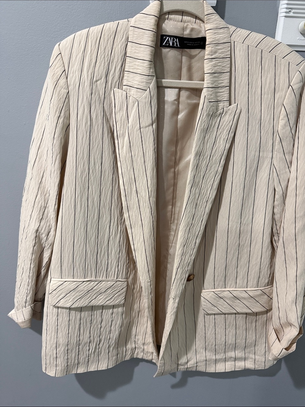 Zara Cream Double-Breasted Pinstripe Blazer with Black Stripes